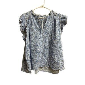 Gap Women’s Blouse XL Blue Floral Ruffle Short Sleeve Cotton Blend